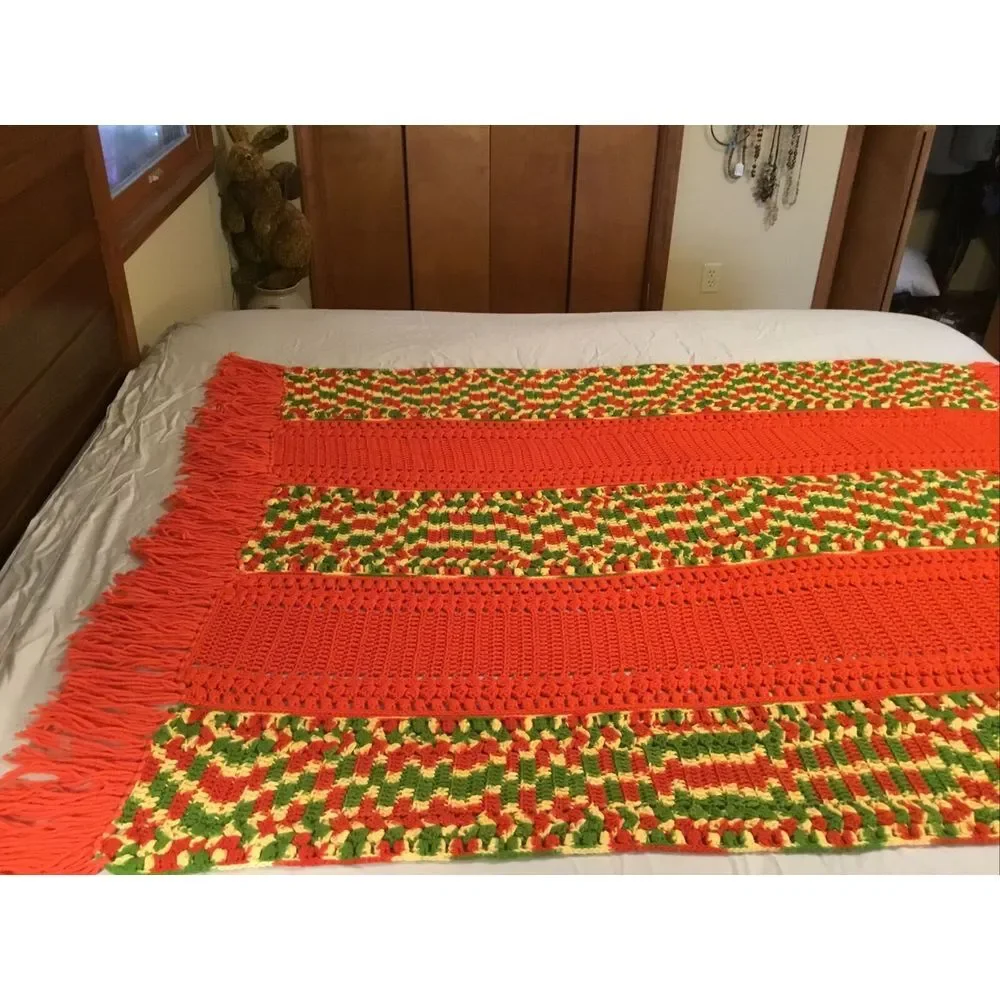 Vintage handmade Crochet‎ afghan Throw couch Sofa blanket Orange 58X48